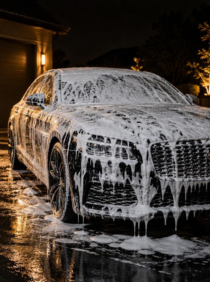 Snow foam dwelling over a black luxury car