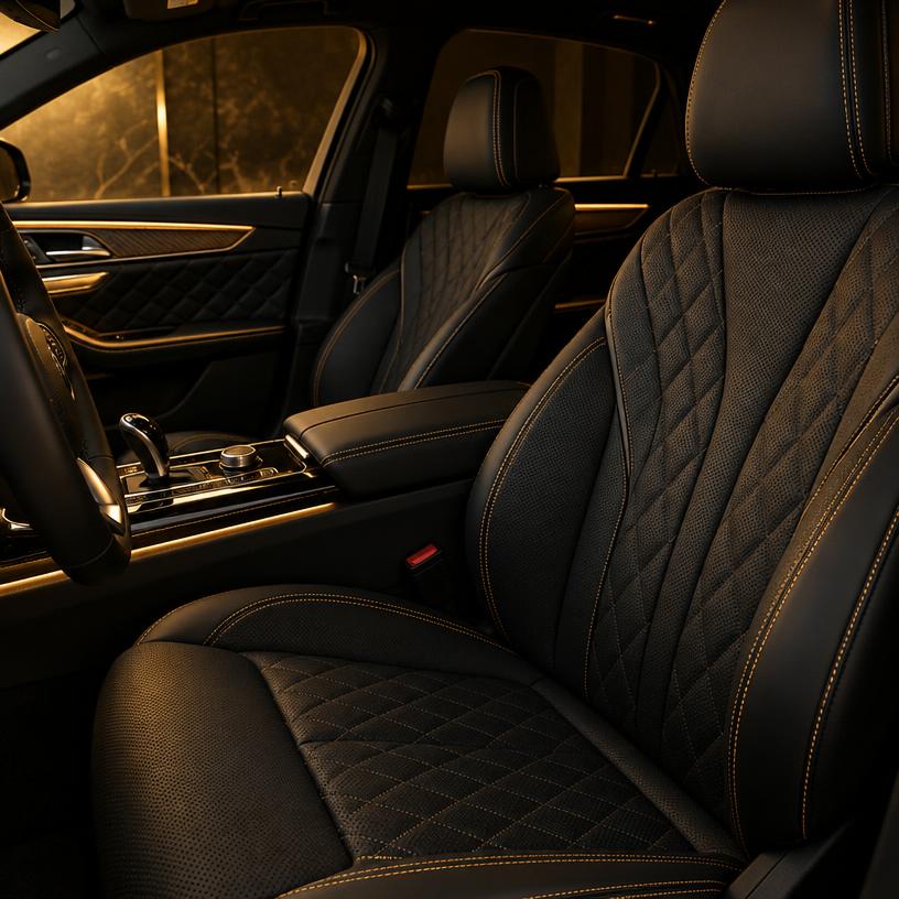 Conditioned black leather interior with contrast stitching