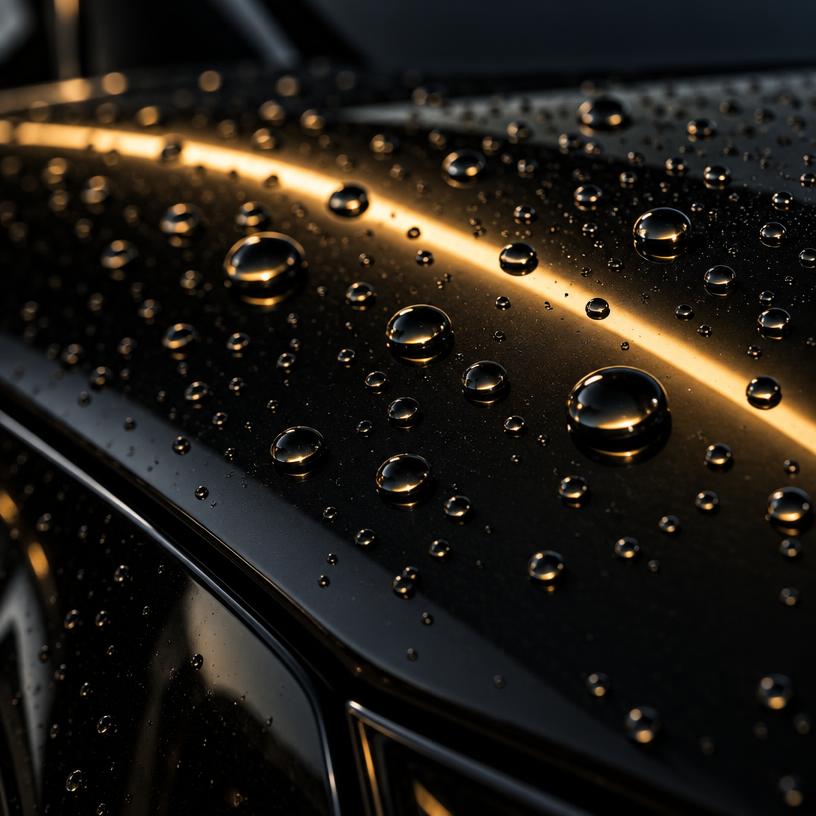 Water beading on freshly coated black paint