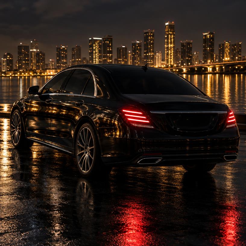 Glossy black car reflecting warm night light