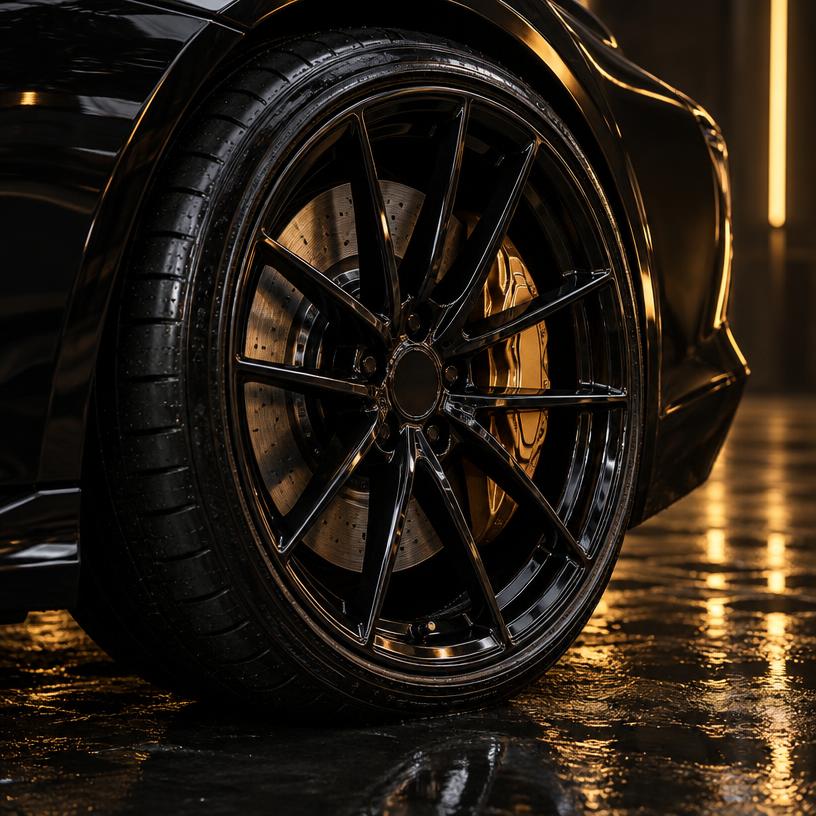 Gloss black wheel and dressed tire, brake dust removed